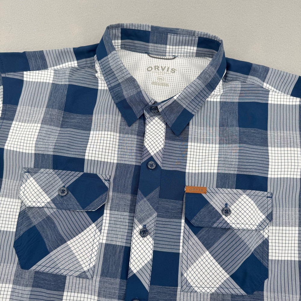 Orvis Performance Tech Short Sleeve Button Down Mens XXL Blue Plaid Hiking